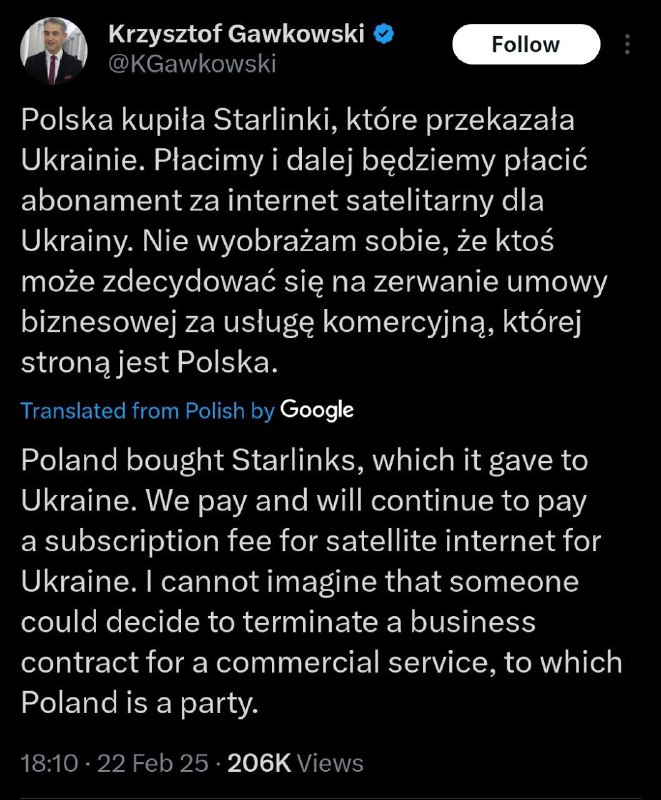 Poland has already paid for Starlink for Ukraine, and therefore there are no gro…