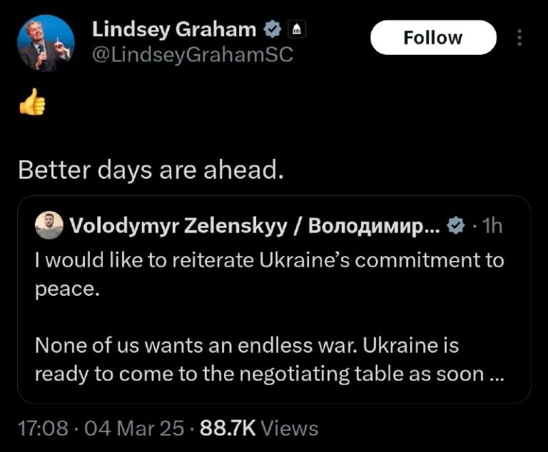 Lindsey “To The Last Ukrainian” Graham on X commenting on Zelensky’s statements…