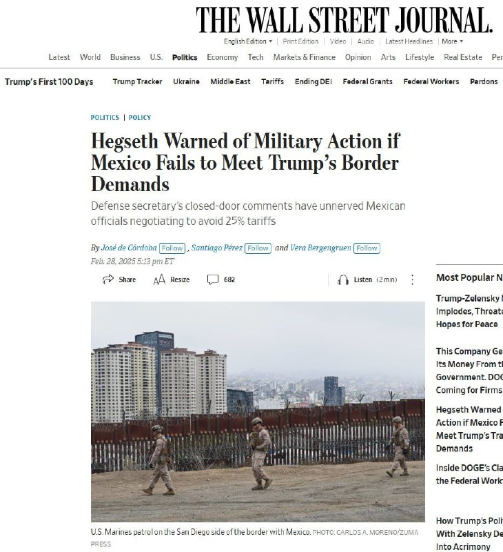 The Wall Street Journal, citing the Pentagon, says Trump is ready to declare wa…