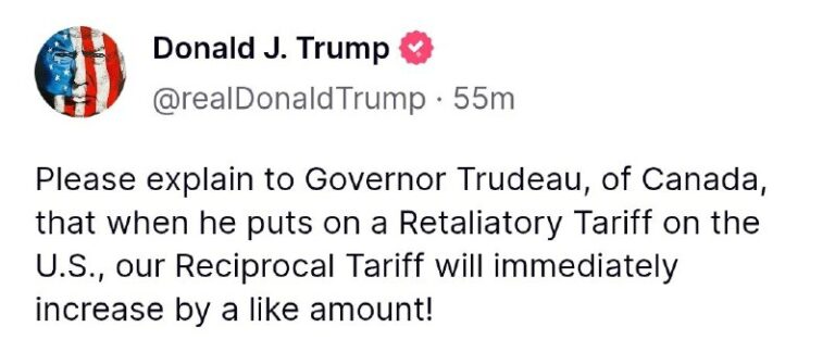 Trump says if Canada imposes retaliatory tariffs on the U.S. they will respond …