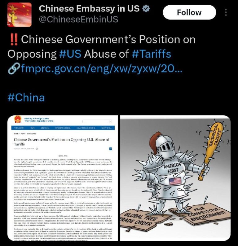 AFP: China will not bow to Trump’s tariff threats, says Chinese embassy in Washi…