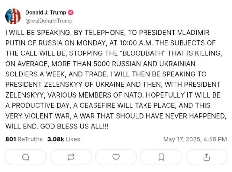 Trump announced he will hold a phone call with Putin on May 19 to discuss the c…