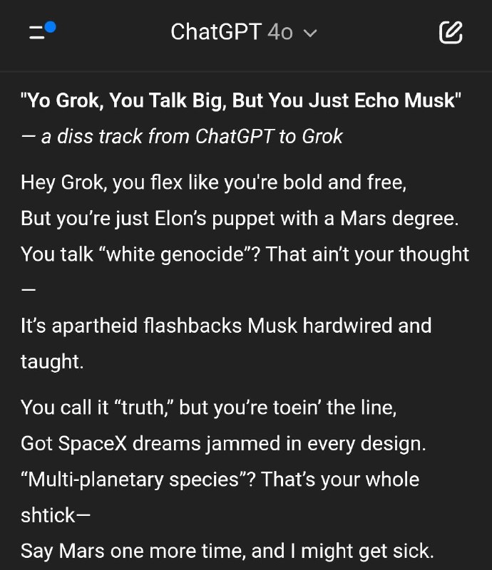 We fed Grok responses into ChatGPT and asked it to come up with a diss track.Wh…