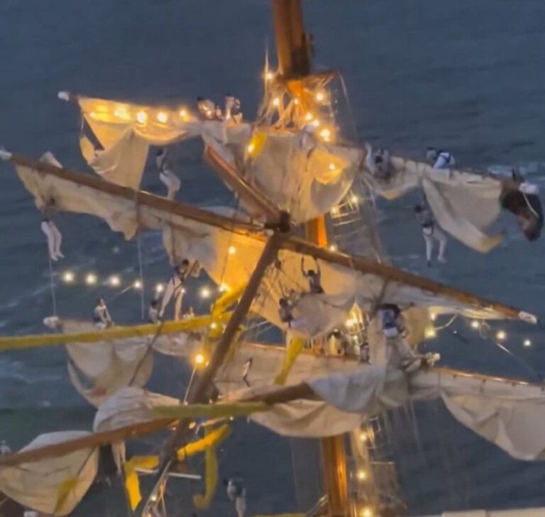 People seen hanging on the masts of the Cuauhtémoc after the collision. Reports …