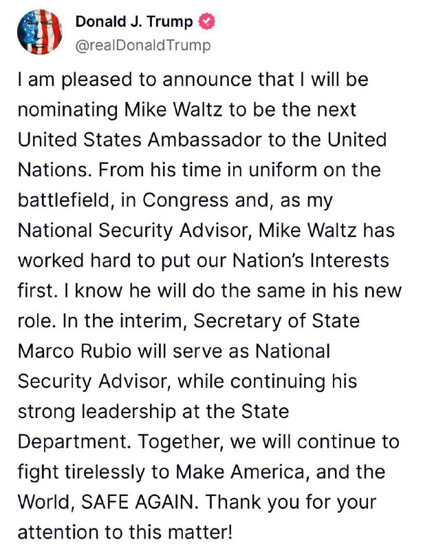Mike Waltz will be appointed US Permanent Representative to the UN, Trump said….