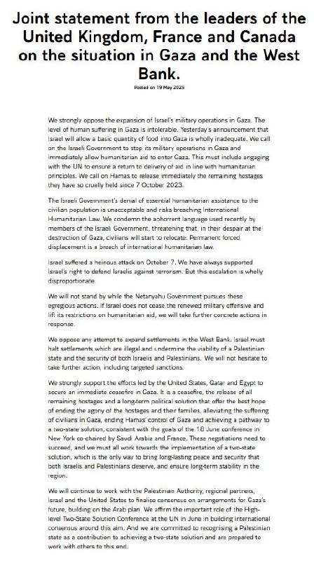UK, France and Canada issue a statement opposing Israel’s military operations i…