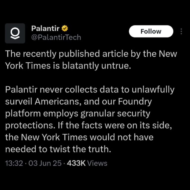 “Palantir never collects data to unlawfully surveil Americans.”They added “unla…