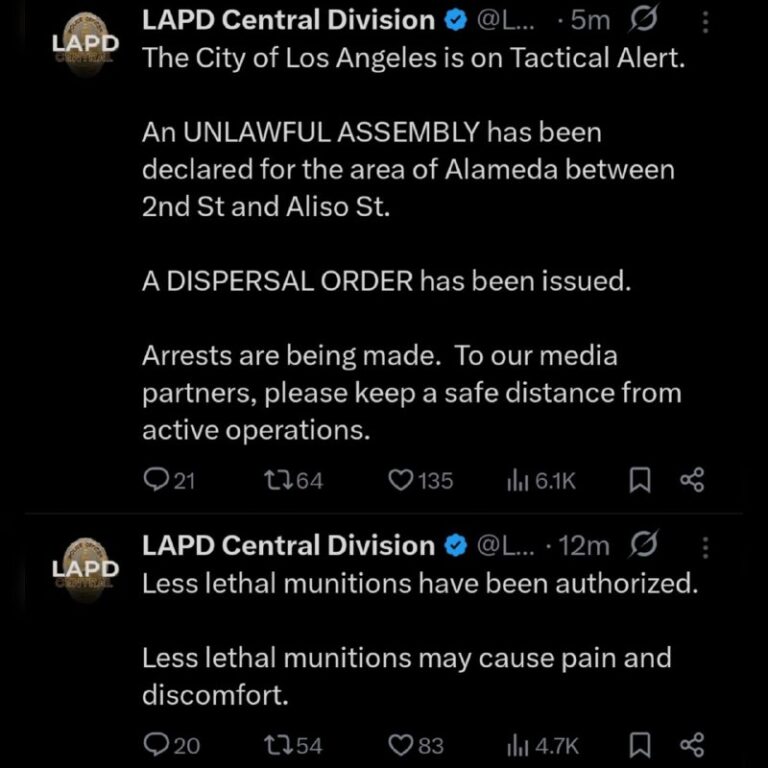 LAPD says the city is on “Tactical Alert” and that less lethal munitions have b…