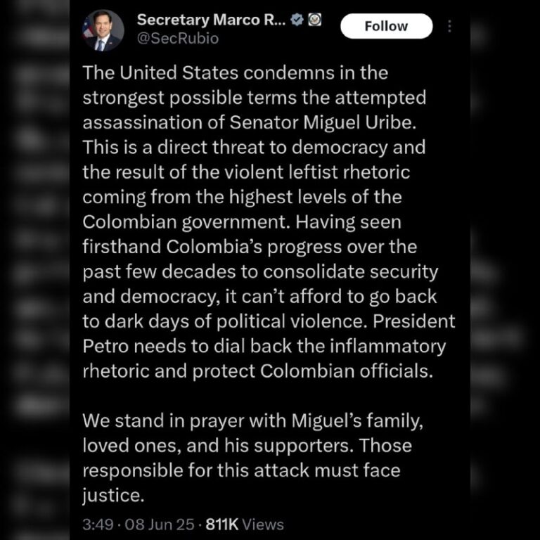 Marco Rubio calls the assassination attempt on Colombian presidential candidate…