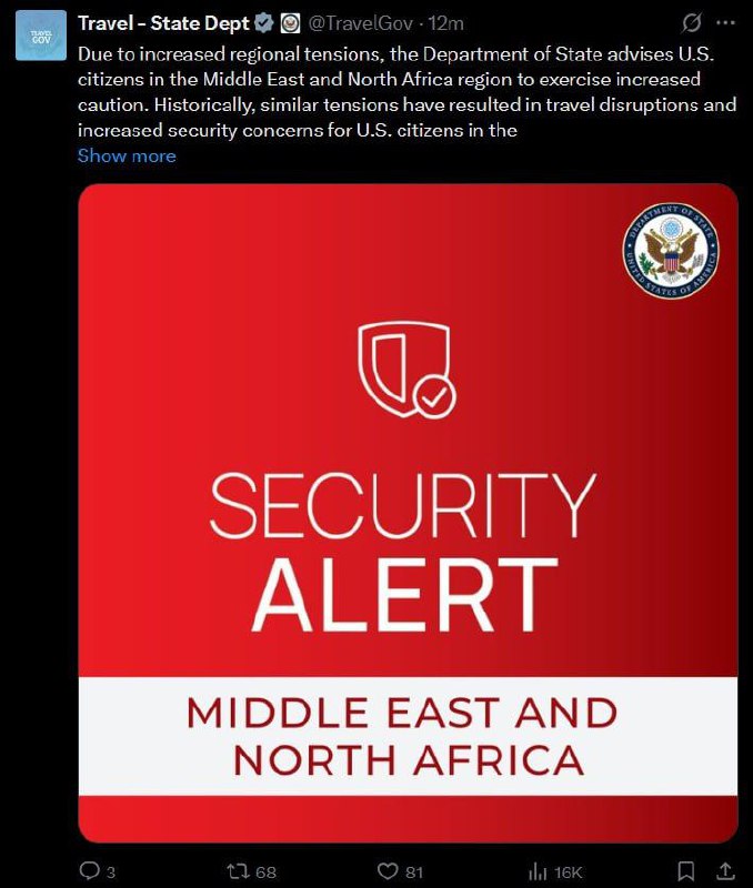 – BREAKING: The State Department has now issued a security alert for the entire …